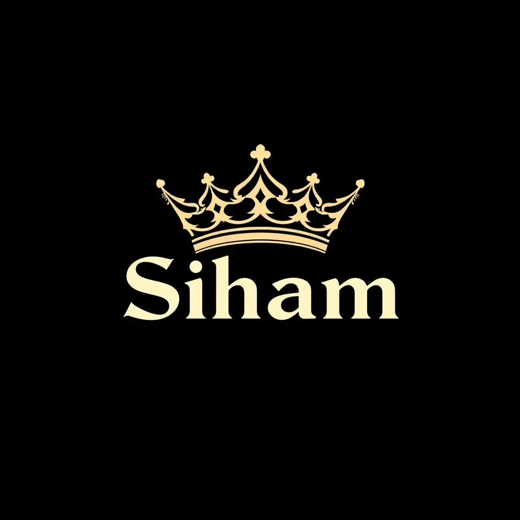 تصميم شعار اسم سهام باللغة العربي خط جميل فوق الحدود؛ فوق تاج كبير فيه شعاش من الجوانب؛ خلفية سوداء