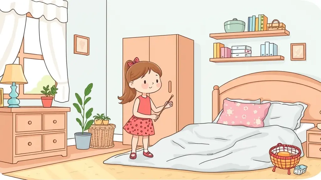 طفلة وأمها يرتبان الغرفة كرتون