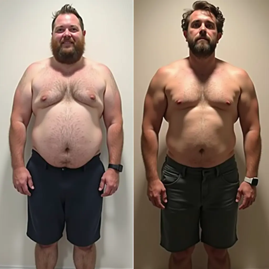 صورتين لنفس الشخص قبل وبعد نزوله اكتر من ٥٠ كيلو غرام من الدهون، وان تكون خلفية الصورتين مختلفات عن بعض، واريد ان تكون الصور واقعيه جدا