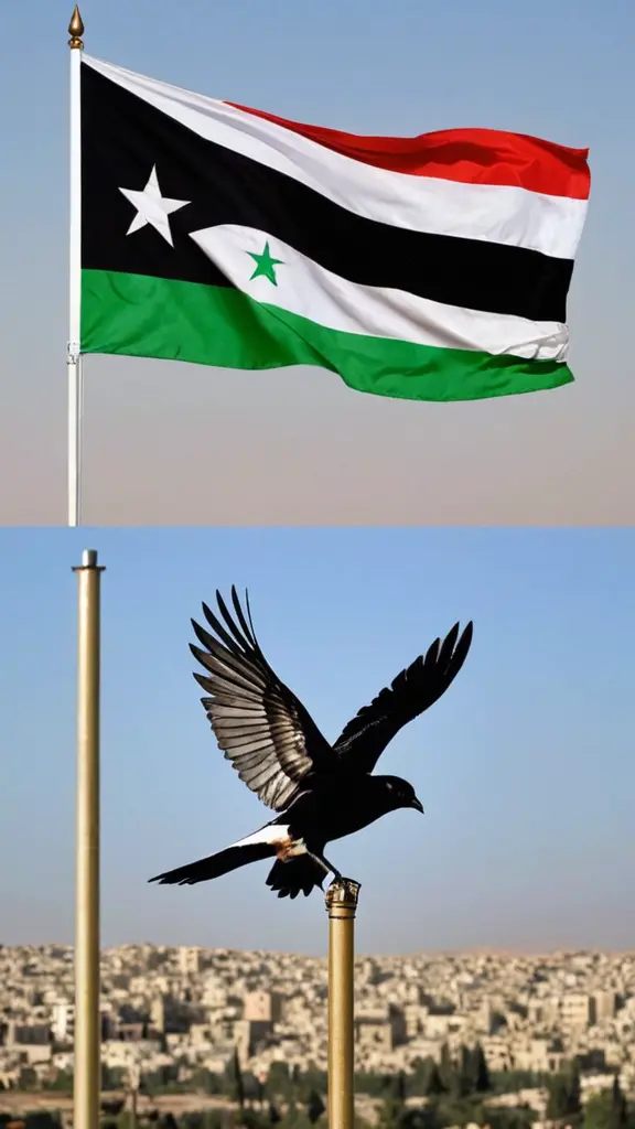 شعار طائر الشاهين و من خلفه علم الثورة السورية . تصميم واضح بألوان