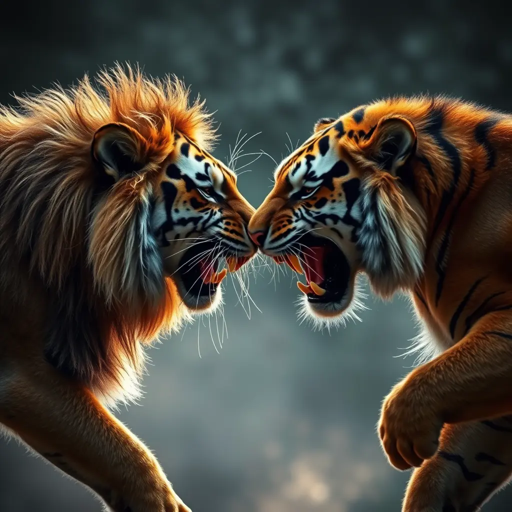 صورة أسد ونمر يتقاتلون مع مؤثرات خلفية هاتف