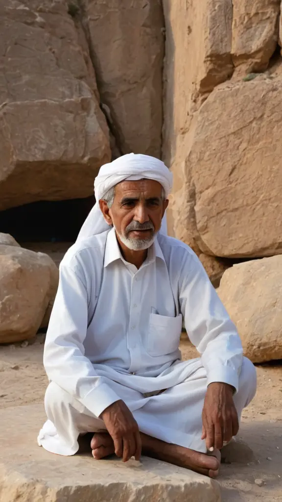 رجل عربي عجوز في العقد السادس من عمره يجلس علي حجر و يروي قصه وينظر مباشرة للكاميرا