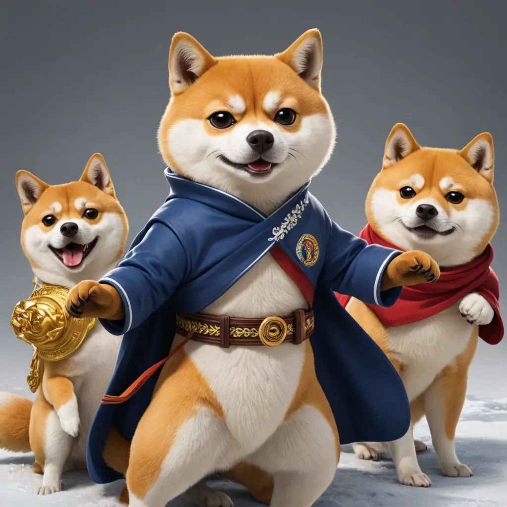 Pfp of Pepe meme dressed in northern American attire fighting with doge and shiba meme 