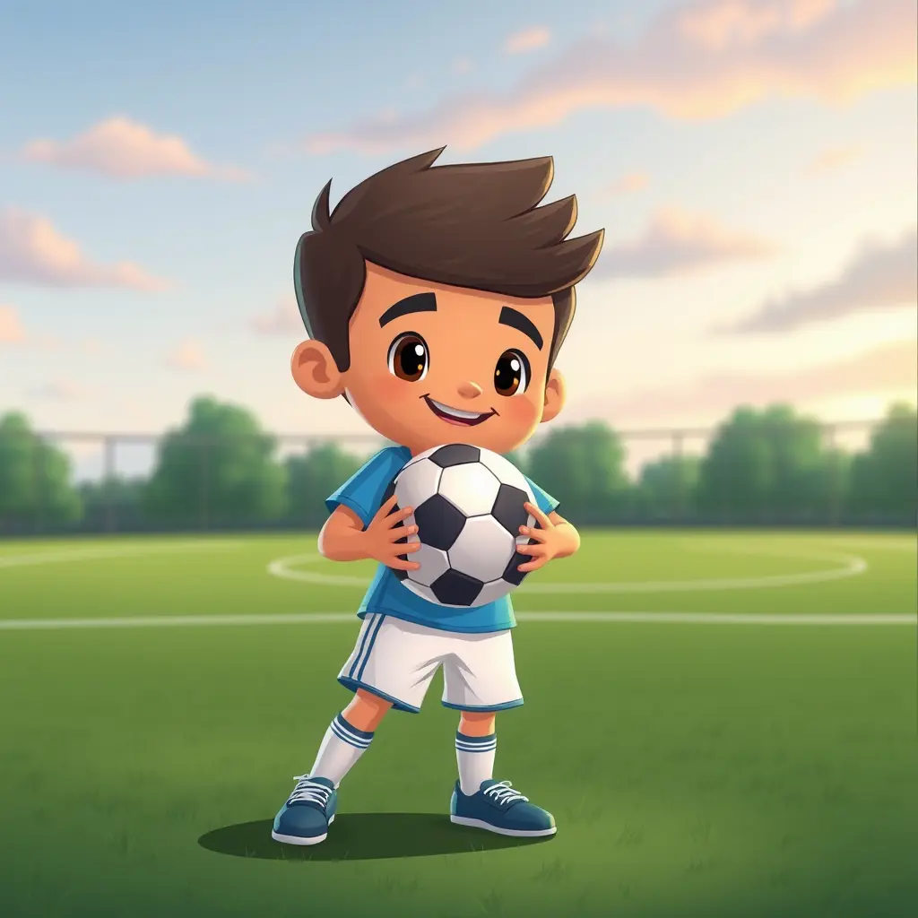 صورة لاعب كرة قدم كارتون يحمل كرة قدم في ملعب