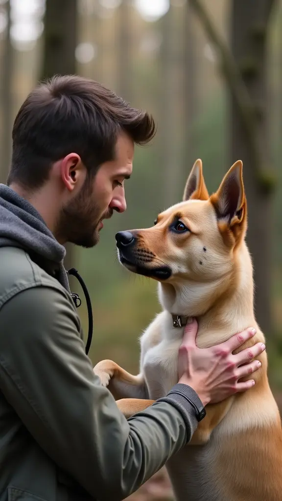 اريد صورة لشخص يحمل كلب كبير عل يديه وينظر له ويتحدث معه.