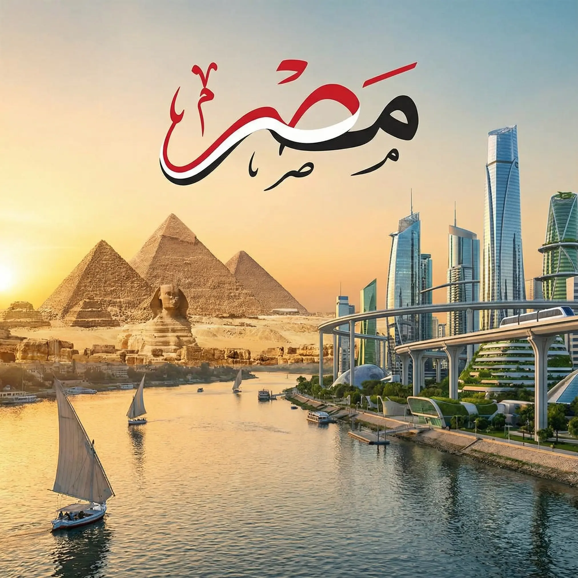 اهرامات الجيزة وابو الهول و أمامهم يوجد نهر النيل و على ضفة الثانية يوجد مصر في المستقبل و يوجد كلمه مصر بالوانها الثلاثة