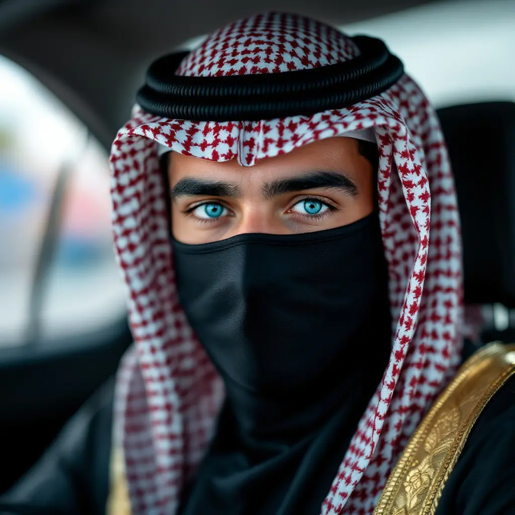 شاب عمره ١٨ عام سعودي يرتدي كمامة سوداء وله عيون زرقاء داخل سيارة كامري