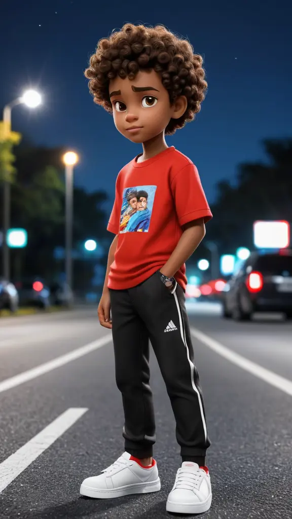 ولد اسمر البشرة بشعر مجعد يرتدي قميص احمر و سروال اسود و حذاء ابيض يقف بجانب الطريق وعليه إضاءة حمراء و قليل من لون الأزرق و في ليل صورة ذات طابع جدي كل صورة كرتونية