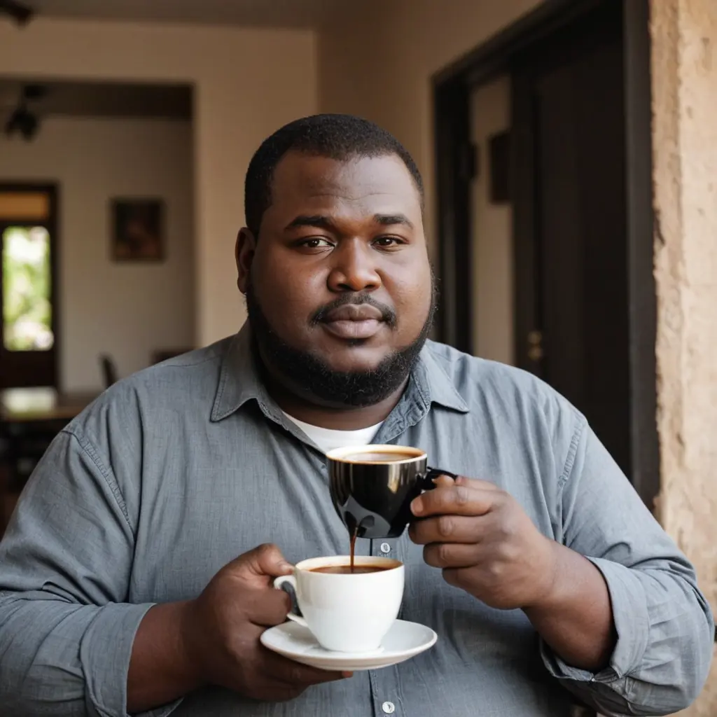 رجل سمين يشرب قهوة سوداء بحجم ضهم