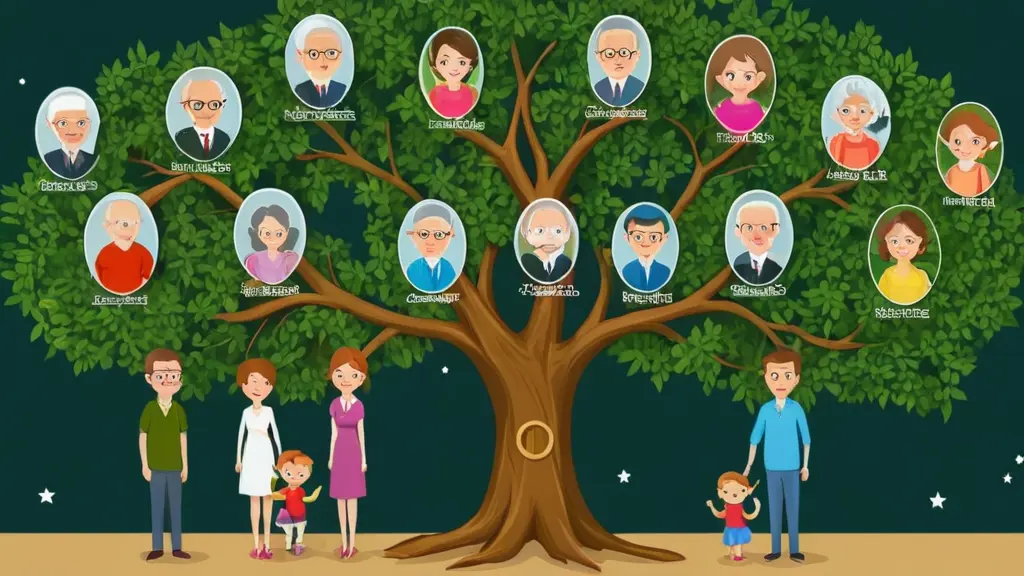 صورة لشجره العائلة مكونه من عدد 2 جد ،والاب والام ، 2 جدة،2 اعمام ،2 خال.3 نساء. عدد 3 اطفال بنات ، وعدد 2 اولاد اطفال. وتكون صوره كرتونيه