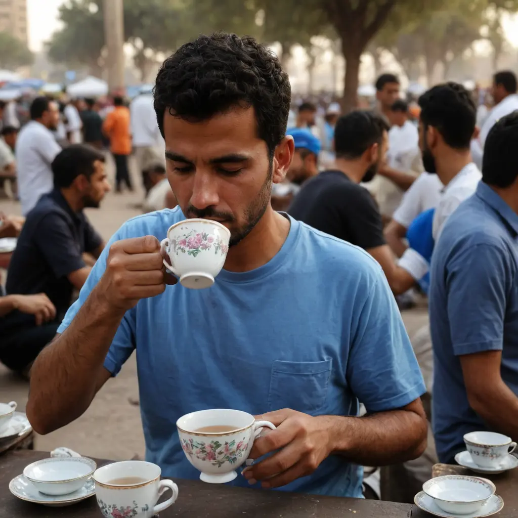 شخص يشرب الشاي في ساحة التحرير في بغداد