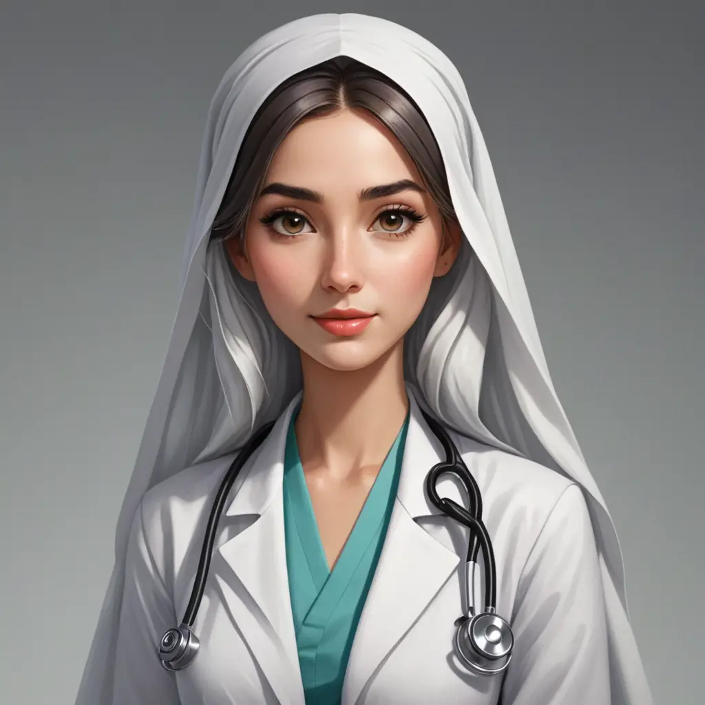 رسم شخصية كرتونية ، دكتورة ترتدي حجاب طويل يغطي شعرها ،بشرتها بيضاء وملامحها جميلة