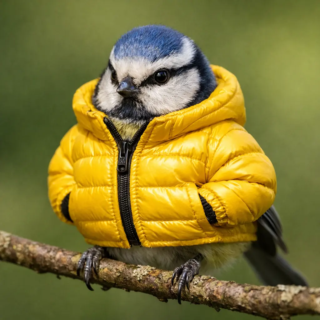 Ultra-realistic photomanipulation style,
a small bird wearing a bright yellow puffer jacket,
standing on a thin branch,
natural outdoor lighting, soft green background,
high detail feathers and fabric texture,
cute but realistic, no cartoon,
photographic wildlife realism, 8K