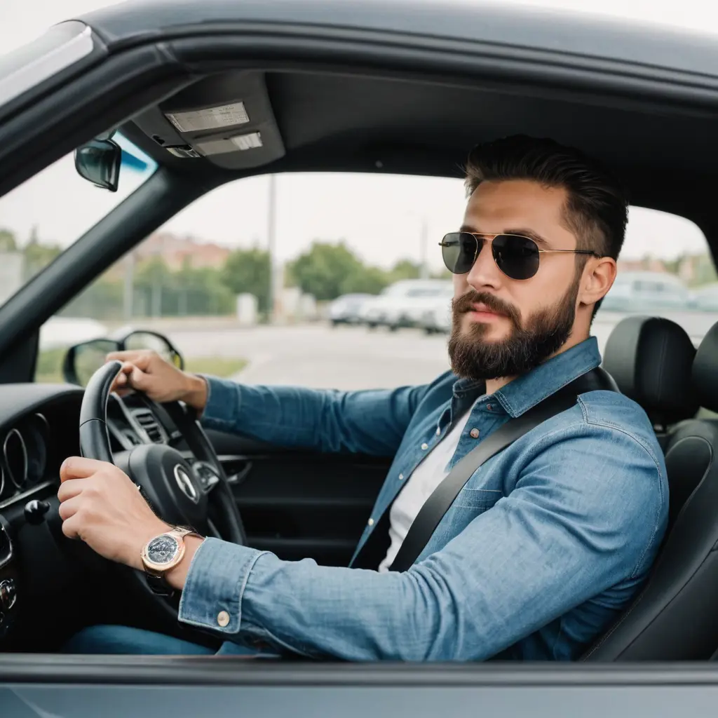 صورة شاب يقود سيارة وسيم بلحية لابس نظارة شمسية