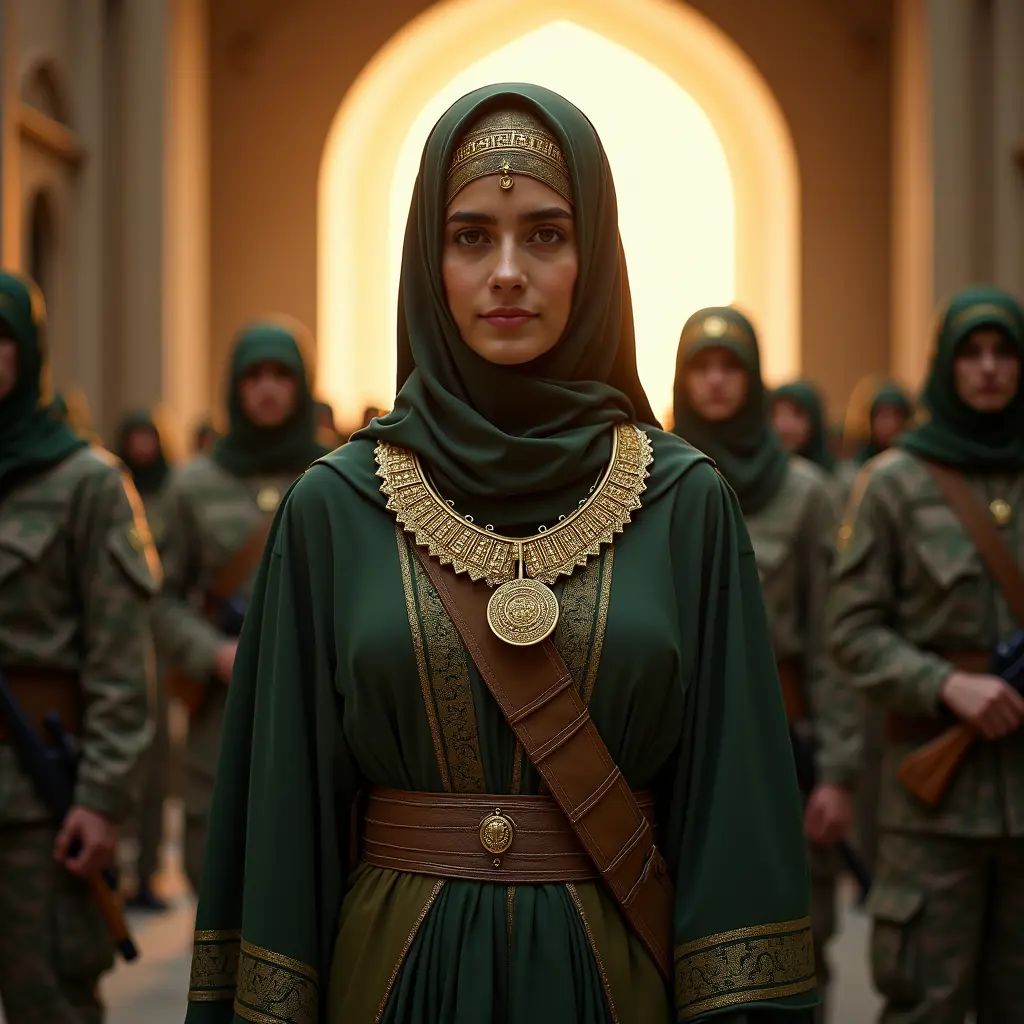 السيدة فاطمة الزهراء عليها السلام وجهها نور و تحمل قلادة النصر و خلفها باب الجنة و نوره ساطع و أمامها شهداء الحشد الشعبي العراقي