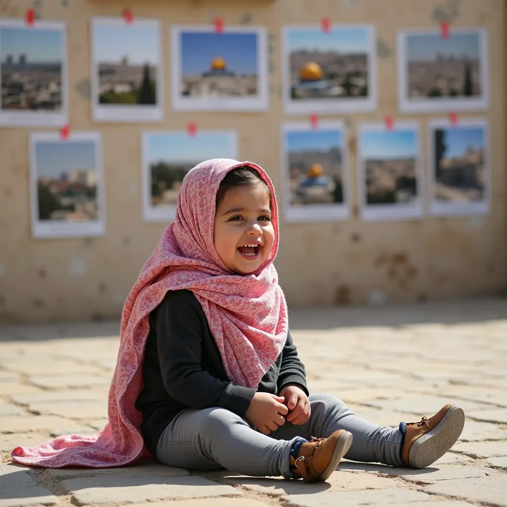 طفلة صغيرة جالسة على الأرض ضاحكة وتضع الكوفية الفلسطينية، خلفها جدار عليه بوسترات و صور للقدس الشريف من زوايا مختلفة