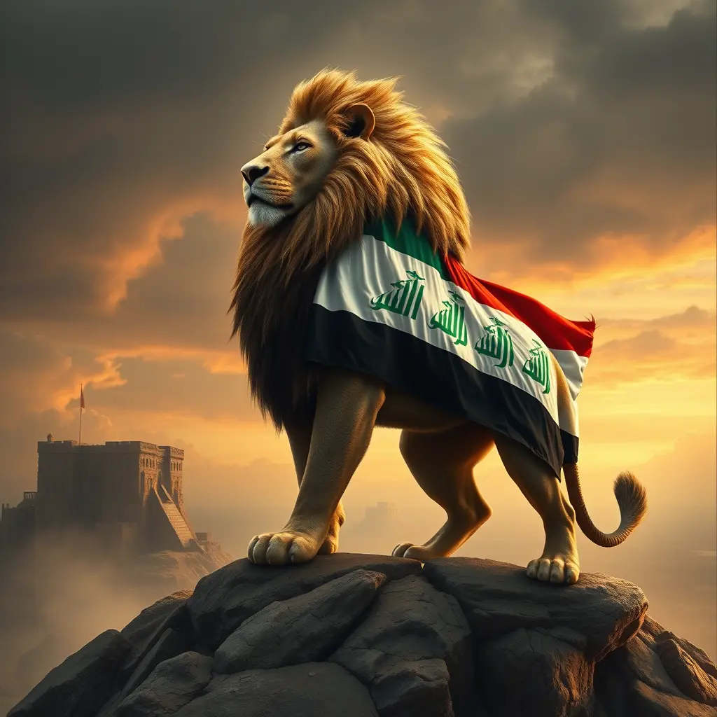 علم العراق يرتديه اسد ضخم الجسم ومرعب يقف على مكان مرتفع والضياع تلهث تحت بخضوع