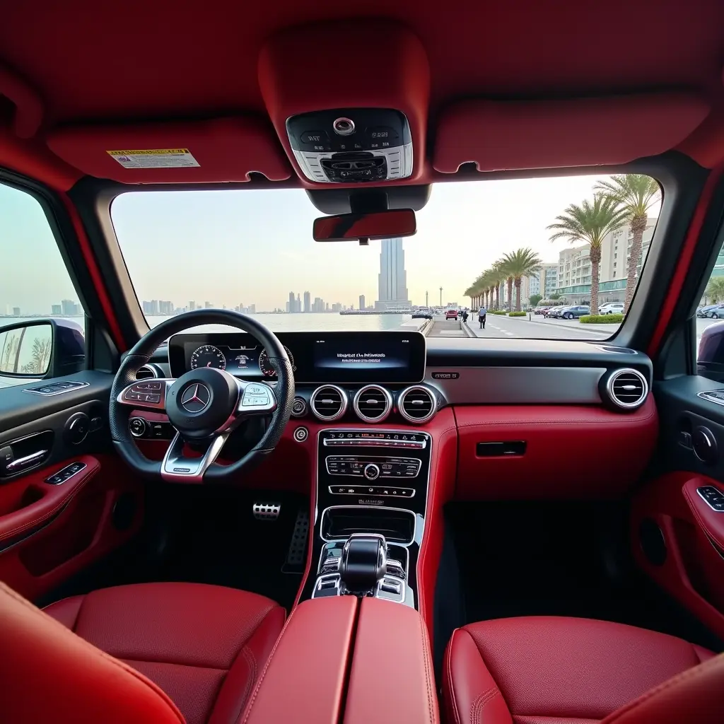 صورة جي كلاس من الداخل موديل 2024 ولونها احمر من الداخل ويوجد فيها عباره #خليل القيسي والجي كلاس في شوارع دبي امام برج خليفه