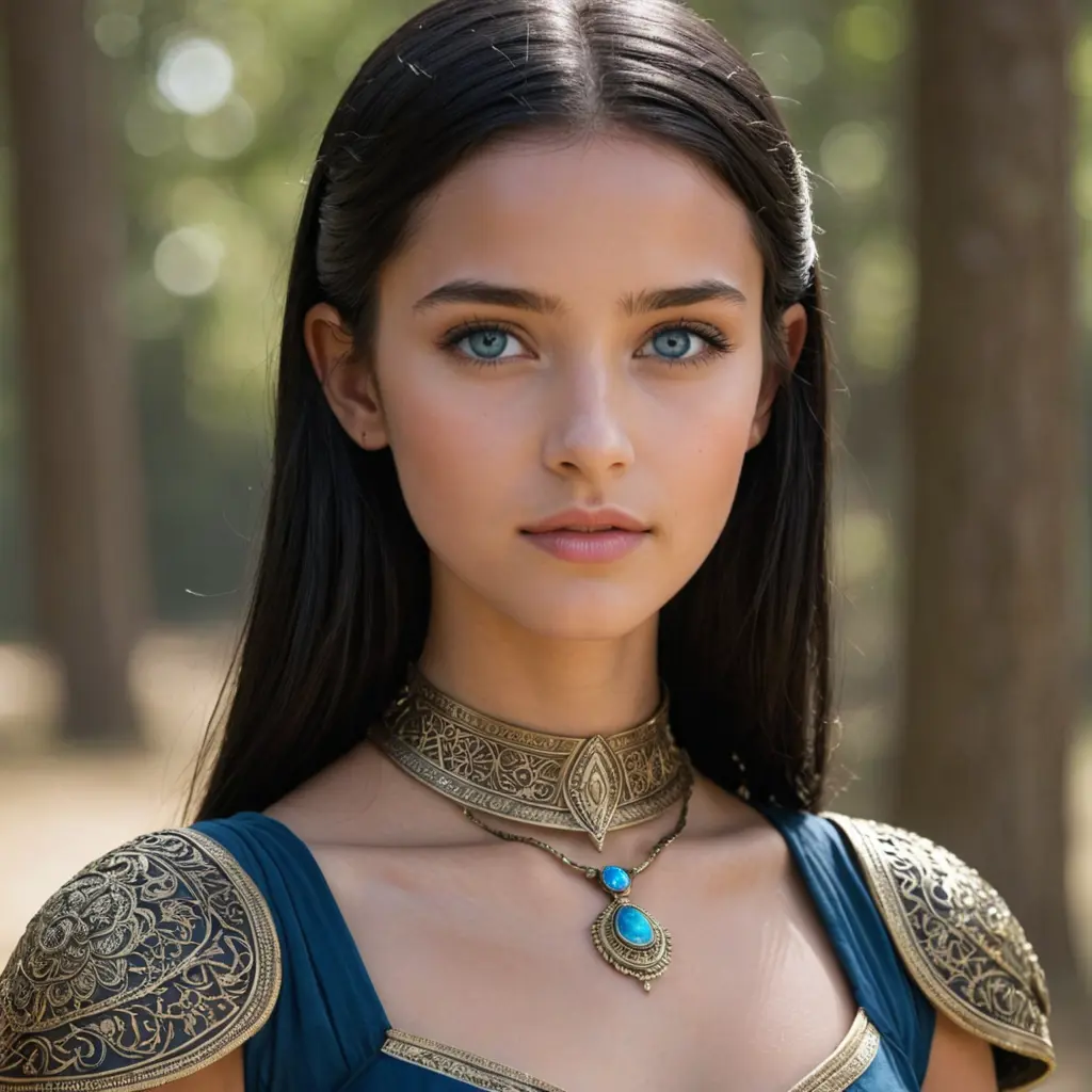 فتاة بشعر اسود فاتح وعيون زرقاء مع بشرة مائلة للبرونزي وأنف صغير و رقبة طويلة جدا