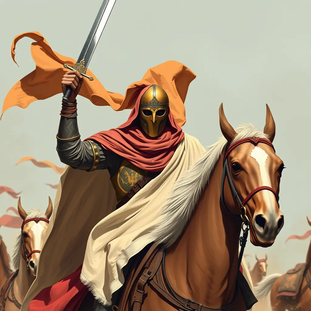 فارس عربي ملثم يحمل سيف ويركب خيل ومعه راية اريدها صورة كاملة