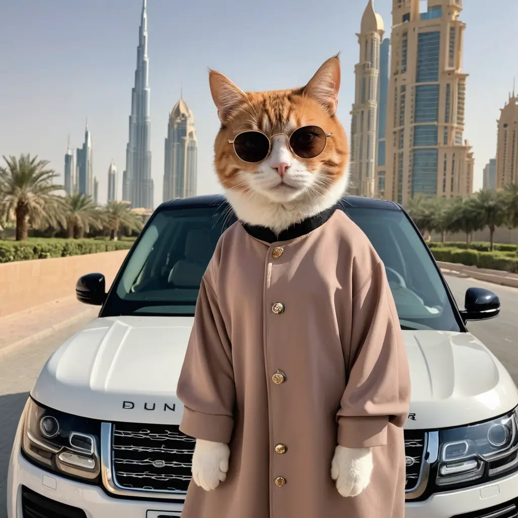 قط لابس عباي ولابس نظارة وراكب سيارة رنج روفر في دبي 