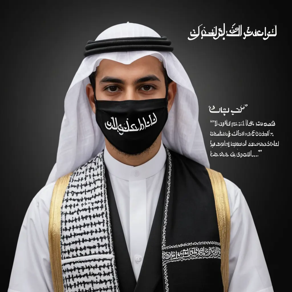 رجل سعودي لابس كمام و شماغ وعقال وبشت سعودي والخلفية سوداء ومكتوب اسفل الصورة عبارة يوم المعلم