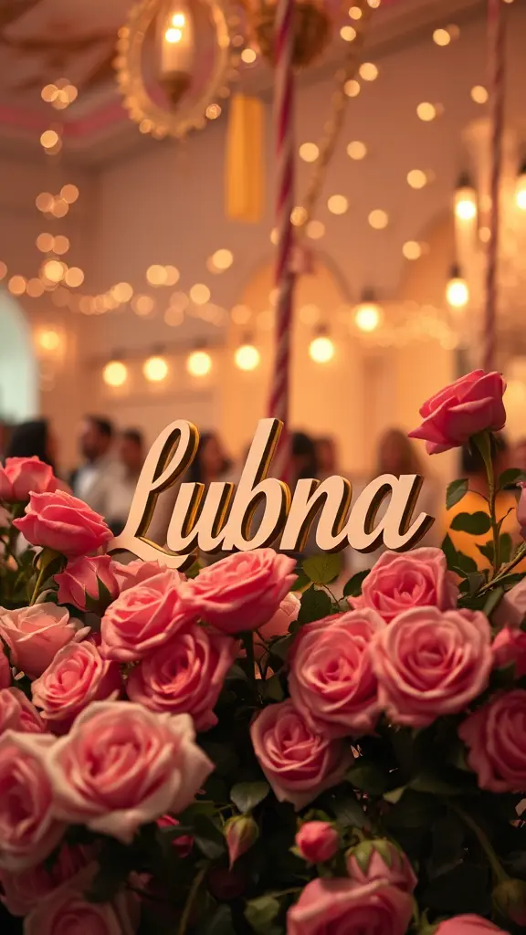 اسم lubna محاطة بالورود في اجوا۽ العيد