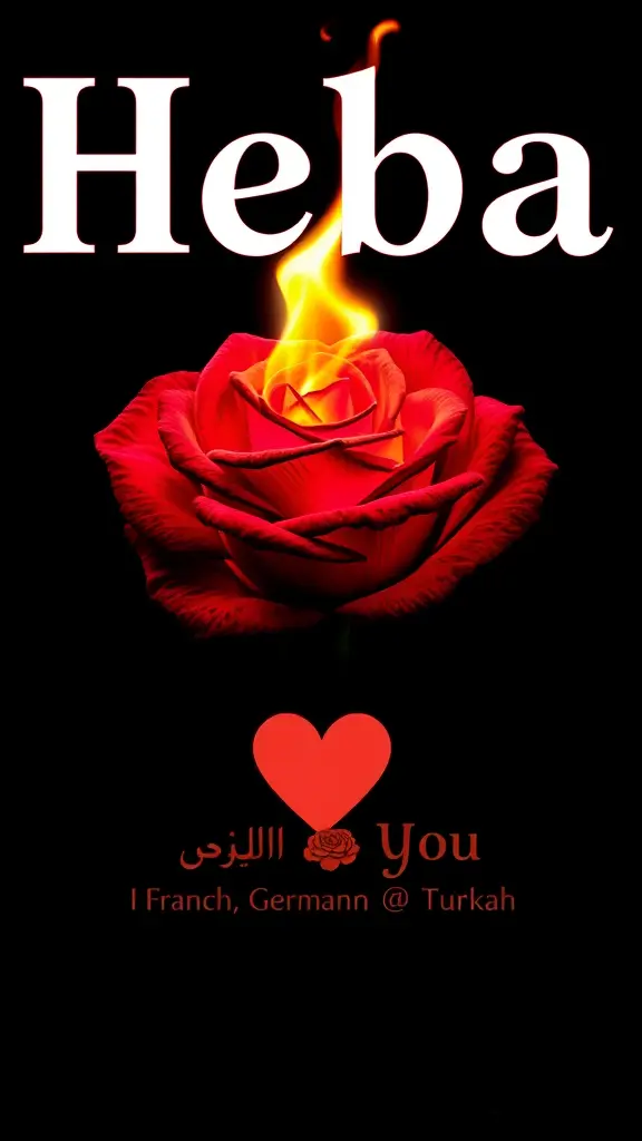 اسم هبة مع ورد جوري مشتعل مزخرف زخرفة جميلة مع قلب وكلمة احبك باللغة العربية والإنجليزية والفرنسية والألمانية والتركية