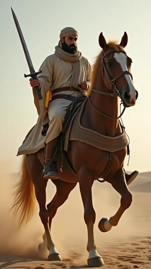 قائد إسلامي يركب فوق الحصان العربي المهجم الاصيل يحمل يد تحكم بلايستيشن 5 و سيف عربي اصيل