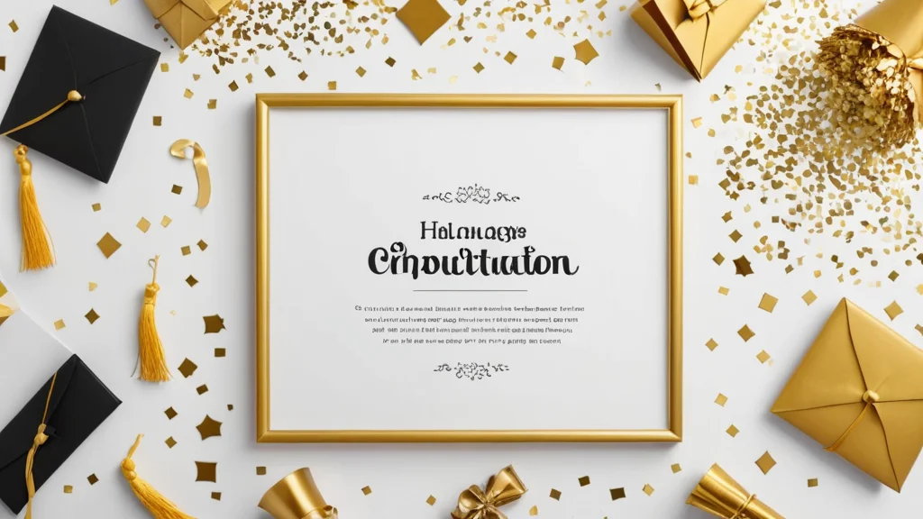 بطاقة، إطار من قبعات التخرج والدبلومة، مساحة مفتوحة في الوسط، ألوان كلاسيكية بالأبيض والذهبي، تفاصيل شرابة، نمط كونفيتي خفيف.