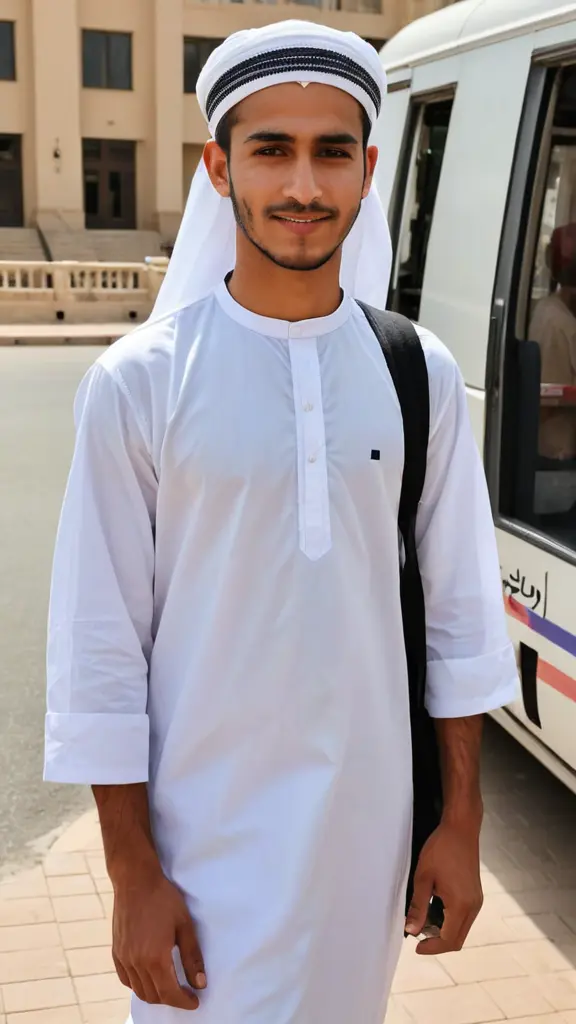 صمم لي صورة شاب عماني يلبس دشداشة عمانية بيضاء ويلبس على رأسه كمه عُمانية بخطوط ونقوش سوداء يحمل خلف ظهره حقيبة مدرسية ويهم بركوب الباص رجله اليمنى على درجة باب الباص والثانية على الشارع يلتفت لليمين ويلوح بيده الى أمه التي تقف على الجانب الاخر من الشارع تلبس زي المراة العمانية التقليدي