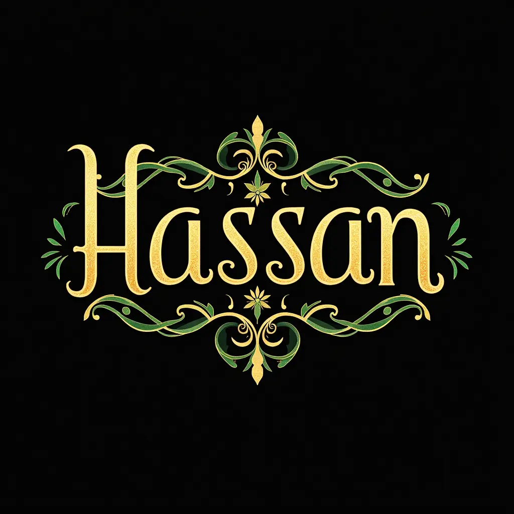The name Hassan is decorated in gold, the background is black, and the writing is in green and white.