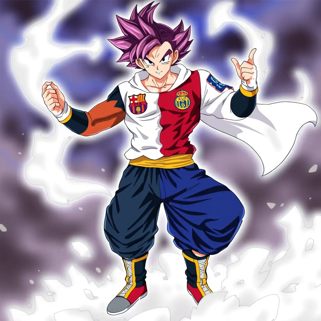 صورة بطل انمي دراغونبول جوجو لابس نصف ثياب برشلونة ونصف ثياب ريال مدريد وهو في الغريزة الفائقة