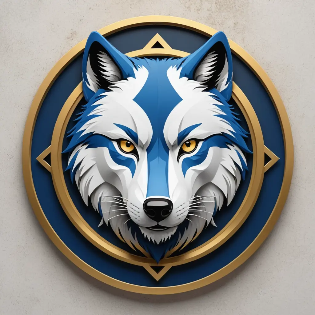 شعار فريق كرة قدم باللون الازرق والابيض والاسود إطار ذهبي على هيئة رأس ذئب وكرة قدم