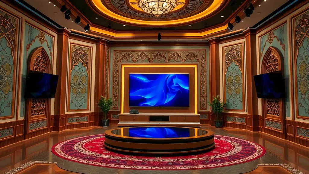 An elegant Islamic studio designed in a style that blends Islamic heritage with modern technology, suitable for television broadcasting, religious programs, and Islamic montage. Walls: Decorated with Islamic geometric patterns, with wooden accents and soft LED lighting to highlight details.
Colors: Warm shades such as deep sky, royal blue, olive green, and dark brown to create a relaxing, spiritual atmosphere.
Background: Large LED screen
