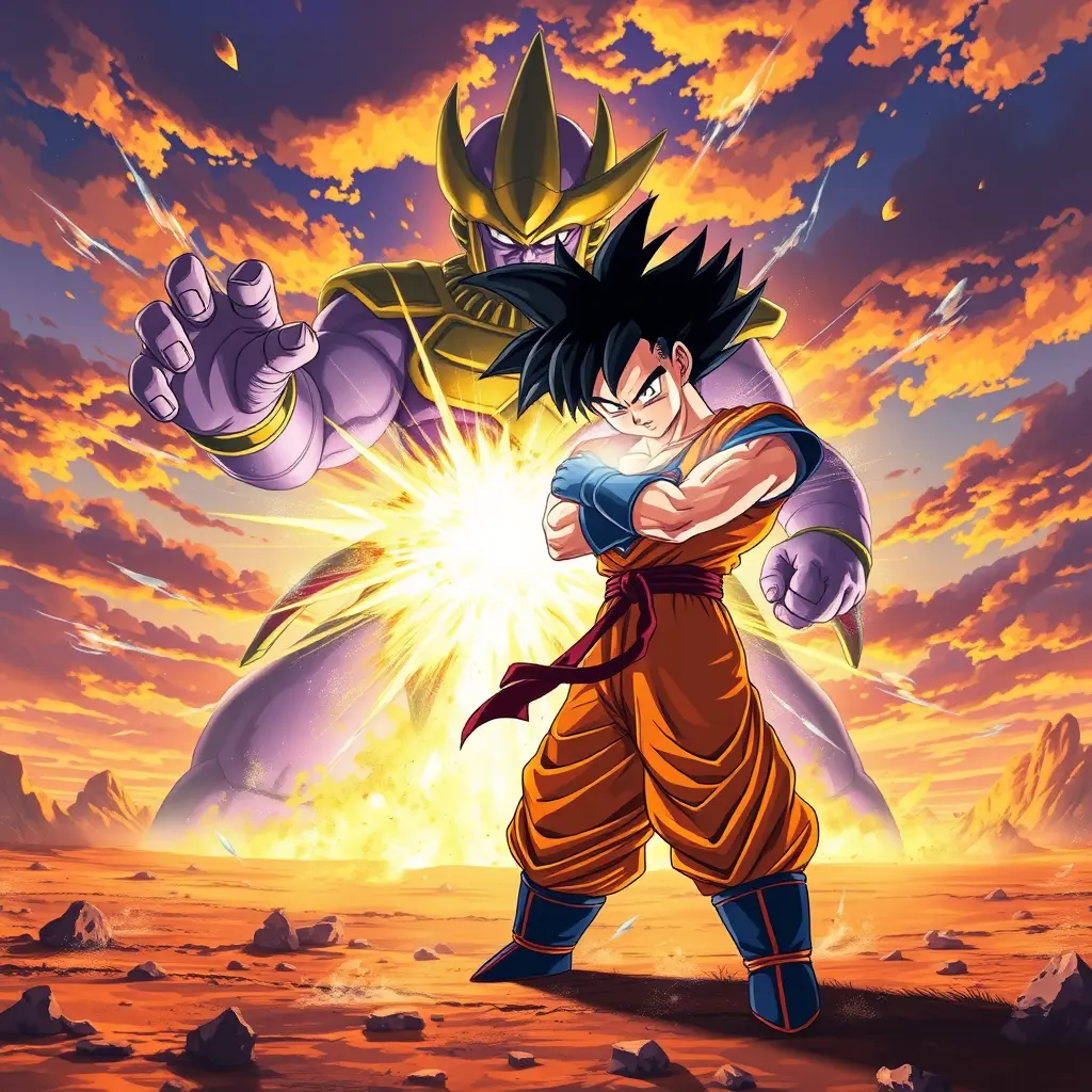 غوكو قوي في هيئته "الغريزة الفائقة"، قبضتاه تتوهجان بالطاقة، يقف بثقة وهو يسدد ضربة قاضية لإله الدمار القدير بيروس في ساحة معركة ملحمية محاطة بنور متلألئ وطاقة كونية. يُصوَّر المشهد على خلفية سماء نابضة بالحياة، مشبعة بدرجات اللونين الذهبي والأرجواني عند الغسق، مُلقيًا بظلال درامية، ومُسلِّطًا الضوء على الصراع المحتدم بين المحاربين الأقوياء. مُقدَّم بأسلوب رسم رقمي ديناميكي، يُجسِّد سلاسة ورشاقة "الغريزة الفائقة" مع الحفاظ على التركيز الدقيق على كل تفاصيل تحول غوكو وهالة معركة بيروس.