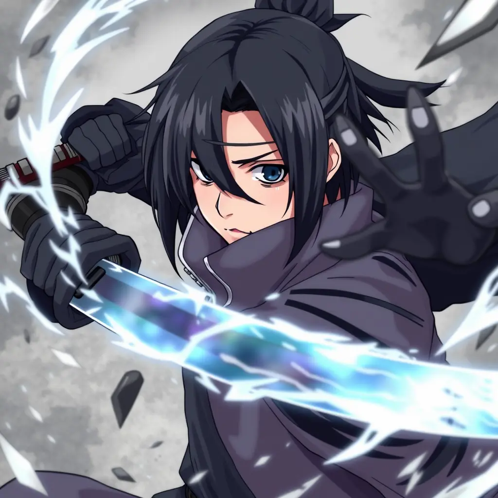 شخصيه شعرها طويل قليلا و اسود طوله 168m يرتدي ملابس ساسكي من انمي ناروتو يحمل شريط اسود على راسه ويغطي نصف عينيه و عيناه كبيرتان و سوداء و يتعارك مع رجل مصنوع من ضلام و يرتدي ملابس النينجا رسم انمي يتعاركون بسيف وهم في لقطه حماسيه