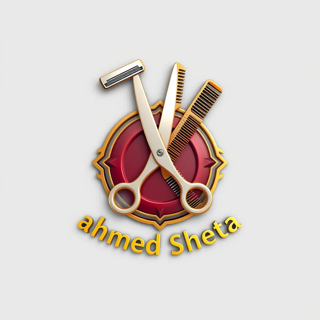 Generate a detailed emblem style logo in 3d for a company named 'ahmed sheta' in the beauty field. The logo should prominently feature Razor and scissors and comb .