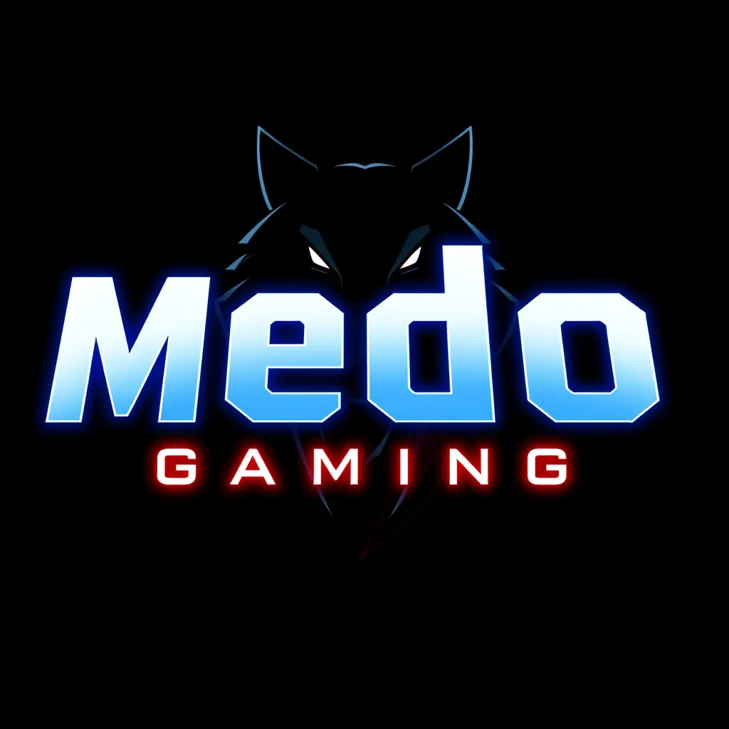 A modern, bold gaming logo with the text "Medo Gaming". The design should look powerful, sharp, and professional. Dark background with neon blue and neon red highlights. Include a subtle icon like a wolf head or a futuristic mask behind the text. The style should feel premium, aggressive, and eye-catching,