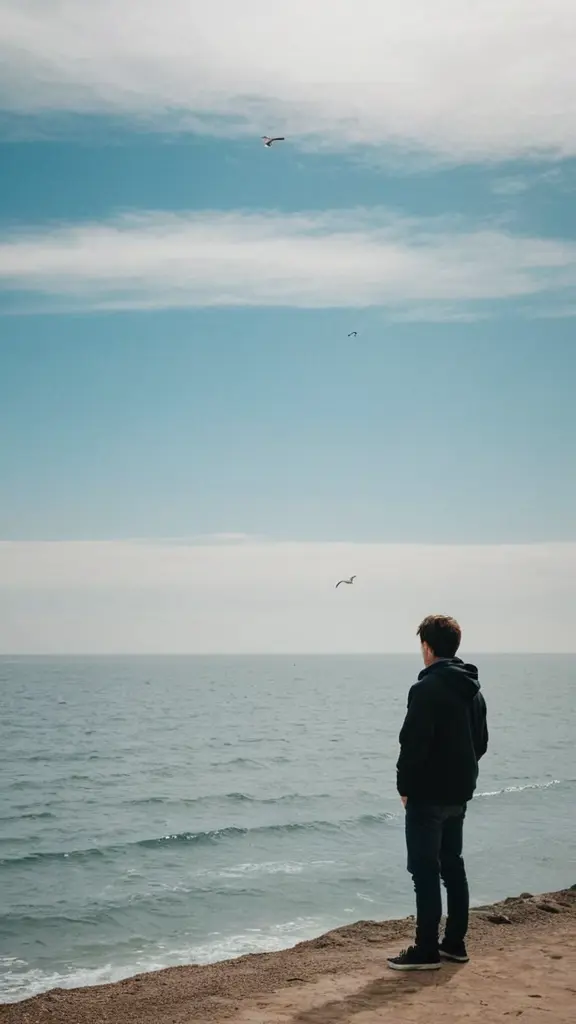 اريد صورة شخص يتأمل البحر وبجانبه طائر النورس