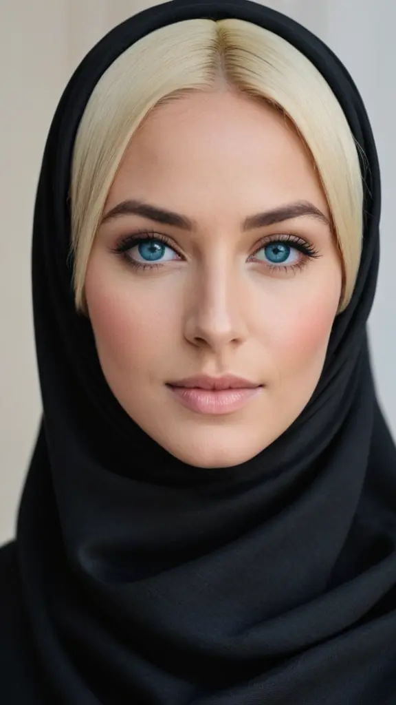 امراه محجبه حجاب اسود شقراء وعينها زرقاء