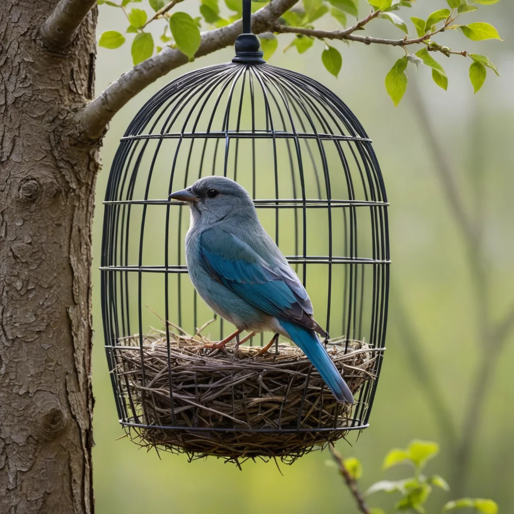 عصفور مسجون داخل قفص ينظر إلى عصافير في عش فوق الشجرة ويعتقد انهم مساجين