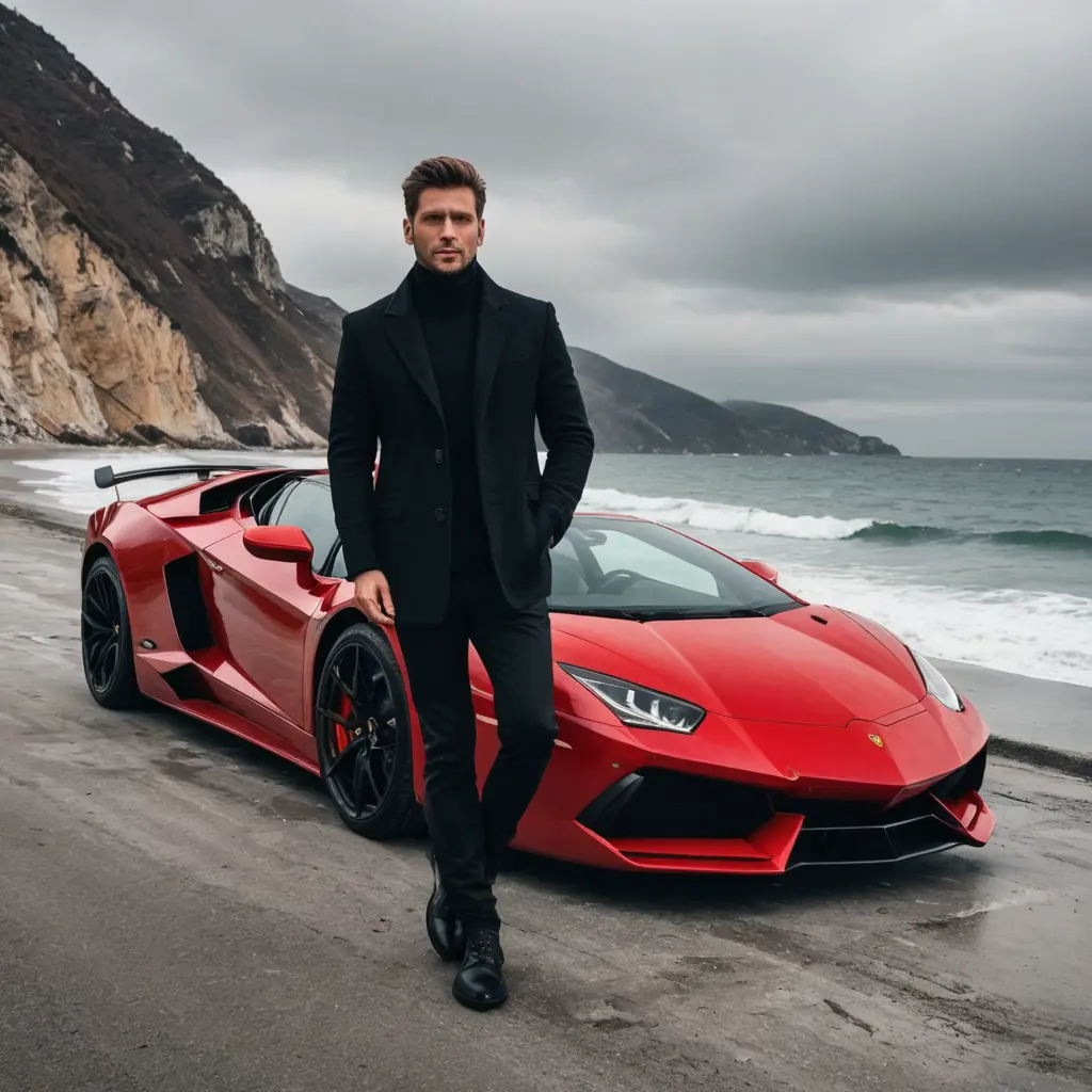 ارسم لي رجل وسيم يرتدي لبس شتاء اسود بجانب سياره لامبورجيني حمراء والجو بارد شتوي بجانب بحر