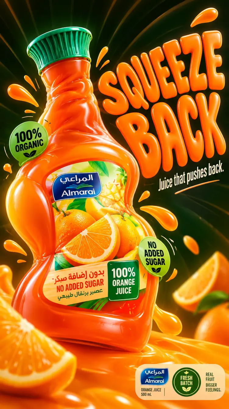 Design a '4:5' product poster for an 'orange' juice 3d bottle using playful inflatable-plastic packaging surrealism where the bottle behaves like a squeezed toy object mid-pressure. The poster should communicate juiciness, tension, and tactile freshness through a bottle that visibly bulges, stretches, and compresses like a soft object being squeezed from the inside out.
SUBJECT:
A single bottle dominates the center-left, illustrated in a semi-3D stylized form (not photoreal). The bottle is visibly distorted—its midsection bulges outward while the neck is slightly compressed, as if internal juice pressure is pushing against the container walls. The liquid inside exaggerates this effect, forming rounded convex surfaces pressing against the plastic. The cap is slightly tilted from pressure. The bottle feels elastic, alive, and reactive rather than rigid.
COMPOSITION:
The composition mechanic is “internal pressure distortion”. The eye enters through the most inflated part of the bottle (center bulge), then follows curved tension lines outward toward stretched typography on the right side. The camera uses a slightly low, close-up perspective with mild fisheye distortion, amplifying the sense of pressure and expansion. The bottle leans diagonally into the frame as if pushing against invisible resistance. Negative space on the right is intentionally stretched and warped, echoing the bottle’s deformation.
TYPOGRAPHY:
Headline: “SQUEEZE BACK” in thick, rounded, inflated lettering that mimics air-filled plastic. The type is physically distorted—letters stretch horizontally near the bottle and compress toward the edges, as if affected by the same pressure force. The headline sits to the right of the bottle but partially overlaps its bulging edge. Subheadline: “Juice that pushes back.” in a narrow condensed sans, straight and rigid, contrasting the soft headline. Small circular microcopy labels (e.g., “100% organic”, “no added sugar”) appear like printed stickers slightly warped by the surface tension.
LIGHTING / GRAPHIC TREATMENT:
Soft studio lighting adapted for stylized rendering—broad diffused highlights across curved surfaces, subtle specular streaks that follow the deformation. No realistic reflections—only controlled, simplified highlight bands that emphasize volume and elasticity.
COLORS:
'orange' juice bottle color and 3d header text. Small accents of 'bright lime green' for sticker elements. High contrast between glowing orange and dark surroundings.
BACKGROUND:
A smooth dark gradient field with subtle radial tension lines expanding outward from the bottle, like invisible pressure waves. No texture clutter—clean but dynamically warped space.
STYLE:
Neo-pop surreal product illustration with inflatable material logic, playful distortion, and high-impact commercial clarity.
FINISH:
Soft plastic-like rendering, clean edges, controlled gradient transitions, no noise or grain, polished but intentionally stylized surface behavior.
FOOTER:
A compact floating sticker cluster in the bottom-right corner containing a small brand placeholder, a circular “fresh batch” seal, and minimal product info arranged like packaging labels.
NEGATIVE:
Avoid realistic photography, static bottle poses, generic splash effects, centered symmetry, rigid typography, template layouts, clutter, excessive gloss, low detail, and stock advertising aesthetics.