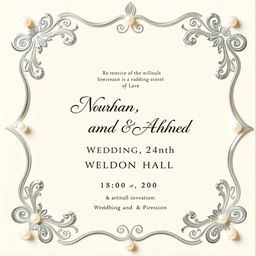 تصميم دعوة زفاف، زخارف فضية رقيقة على خلفية كريمية، خط خط رشيق، حواف متموجة بنمط الدانتيل، لمسات من اللؤلؤ الأبيض مكتوب فيها نورهان واحمد يوم 22 الفرح يوم 24 قاعه البارون