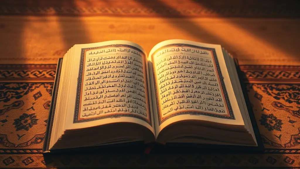 مصحف مفتوح على صفحة مضيئة، تحيط به إضاءة ذهبية دافئة تعكس أجواء روحانية، مع خلفية هادئة من السجاد الإسلامي.