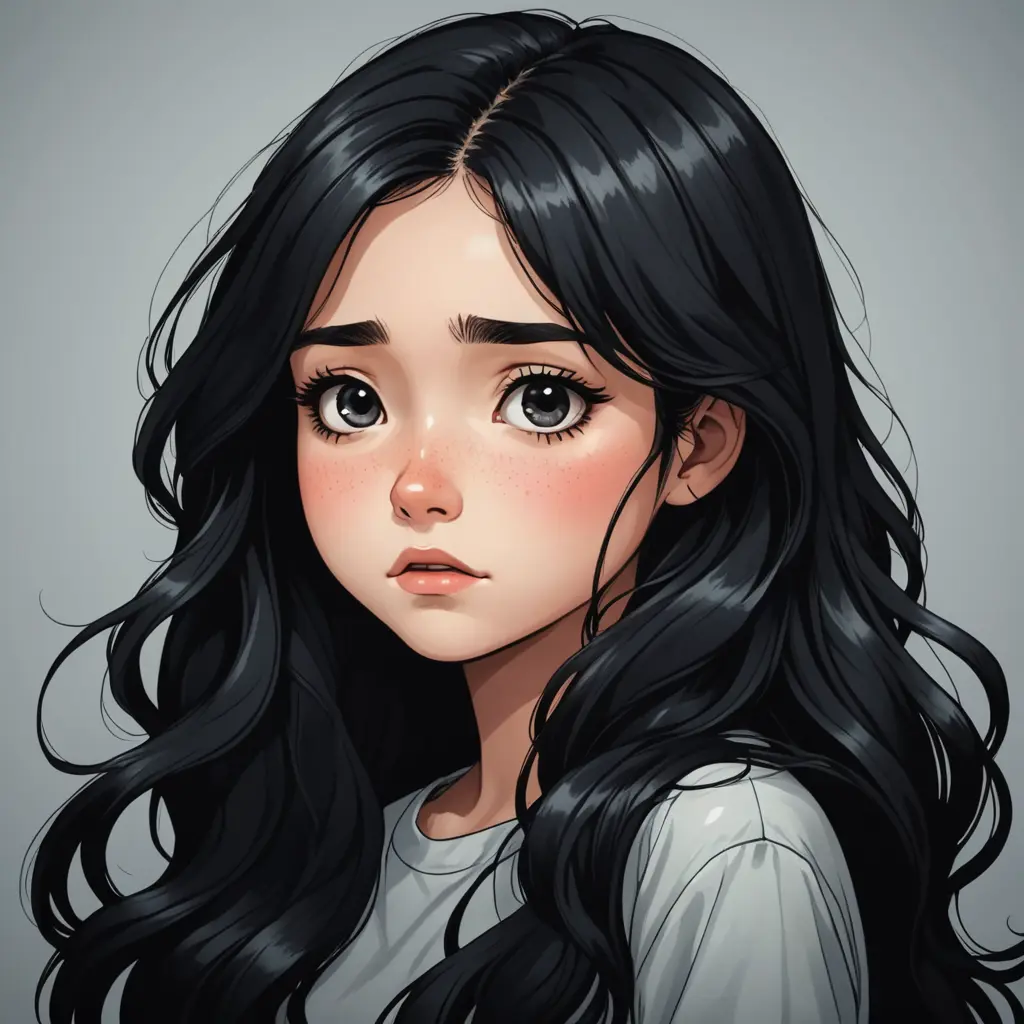 صورة طفلة حزينة وتبكي بشعر مموج طويل لونه اسود صورة كرتونية