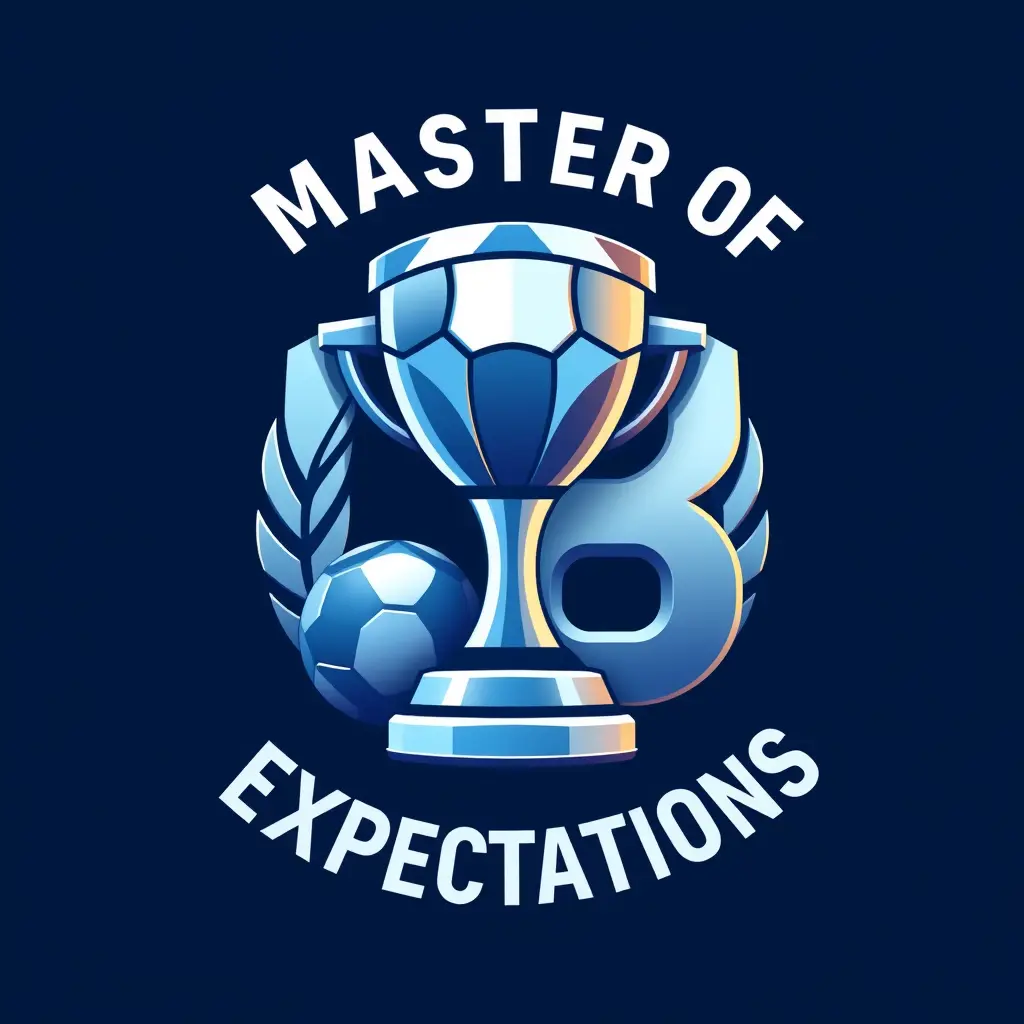 Generate a detailed geometric style logo in 3d for a company named 'Masters of expectations' in the sports fitness field. The logo should prominently feature Cup and football and 8 which uses cold colors palette.
