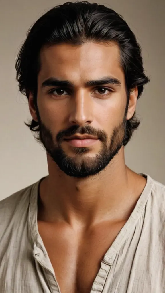 A man born in the first century AD, 180 cm tall, strong build, and the most beautiful of all human beings.
Rectangular, light brown skin, rectangular face Big dark eyes with strong expressions. Thick, slightly arched eyebrows and a medium-sized nose With flat shape Mouth: Medium in size with soft lips, with an expression showing friendliness and sympathy.
Hair: Long, dark, with wavy locks that are sometimes tied back. Hair reaches the shoulders or may be slightly shorter.
Beard: Medium length, dense, often naturally trimmed.
General Expression: His face has a calm, humble, yet strong expression. He shows the features of someone who expresses peace and wisdom.