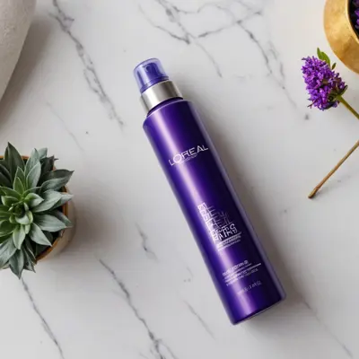 بدي صورة لمنتج L'OREAL PERIs منتج للشعر بنفسجي بخاخ.يكون تحتو ماء بشكل فريش 
